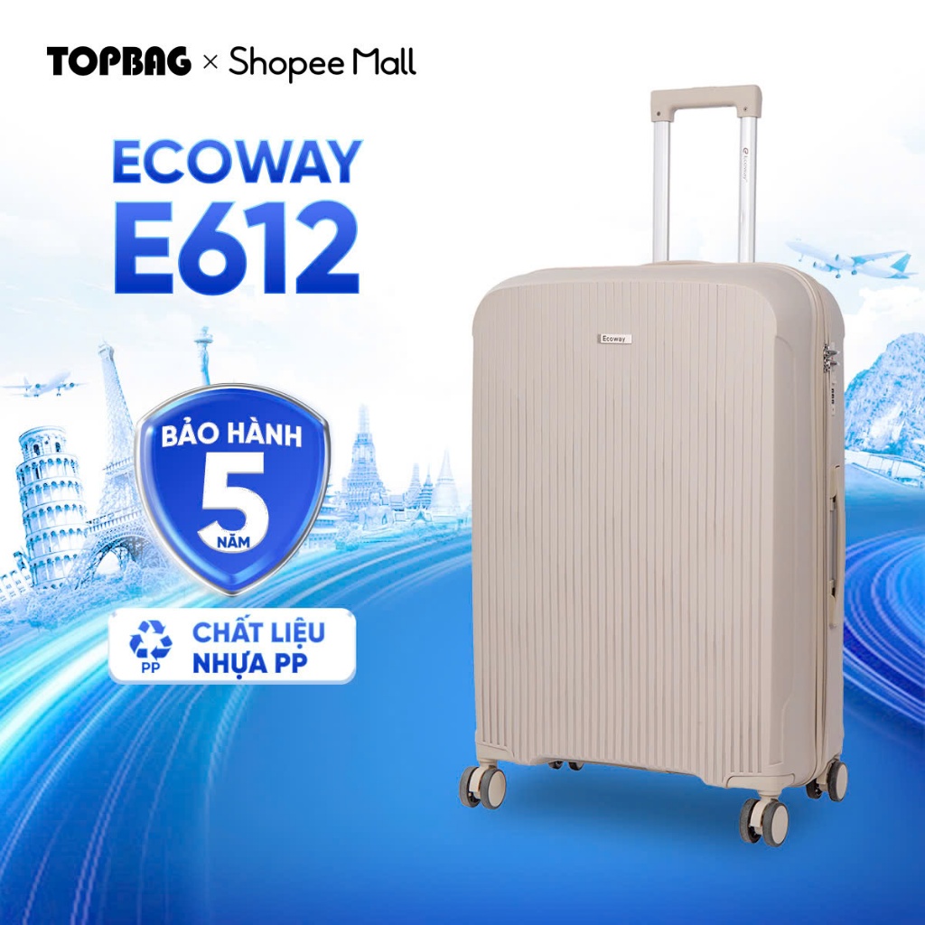 Vali Du Lịch ECOWAY E612 Nhựa PP Dẻo Siêu Bền, Chống Va Đập, Khoá Số Chìm An Toàn Size 20/24/28
