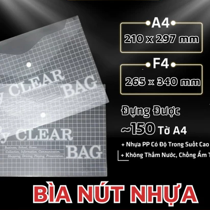 Xấp 12 Cái Bìa Nút Nhựa A4/F4/A5 My Clear Bag, Bìa Sơ Mi PP Dày Trong Suốt Bảo Vệ Tài Liệu