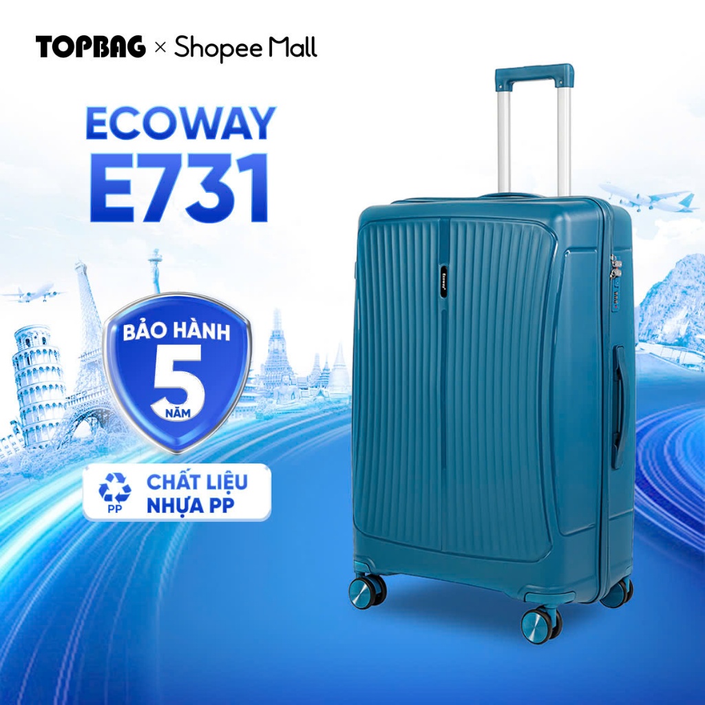 Vali Kéo ECOWAY E731 Thời Trang Du Lịch Nhựa PP Cao Cấp Bền Đẹp, Chống Va Đập Size 20/24/28