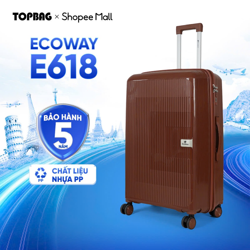 Vali Kéo Du Lịch ECOWAY E618 Nhựa PP Dẻo Bền Bỉ Chống Va Đập, Khoá Số An Toàn Size 20/24/28