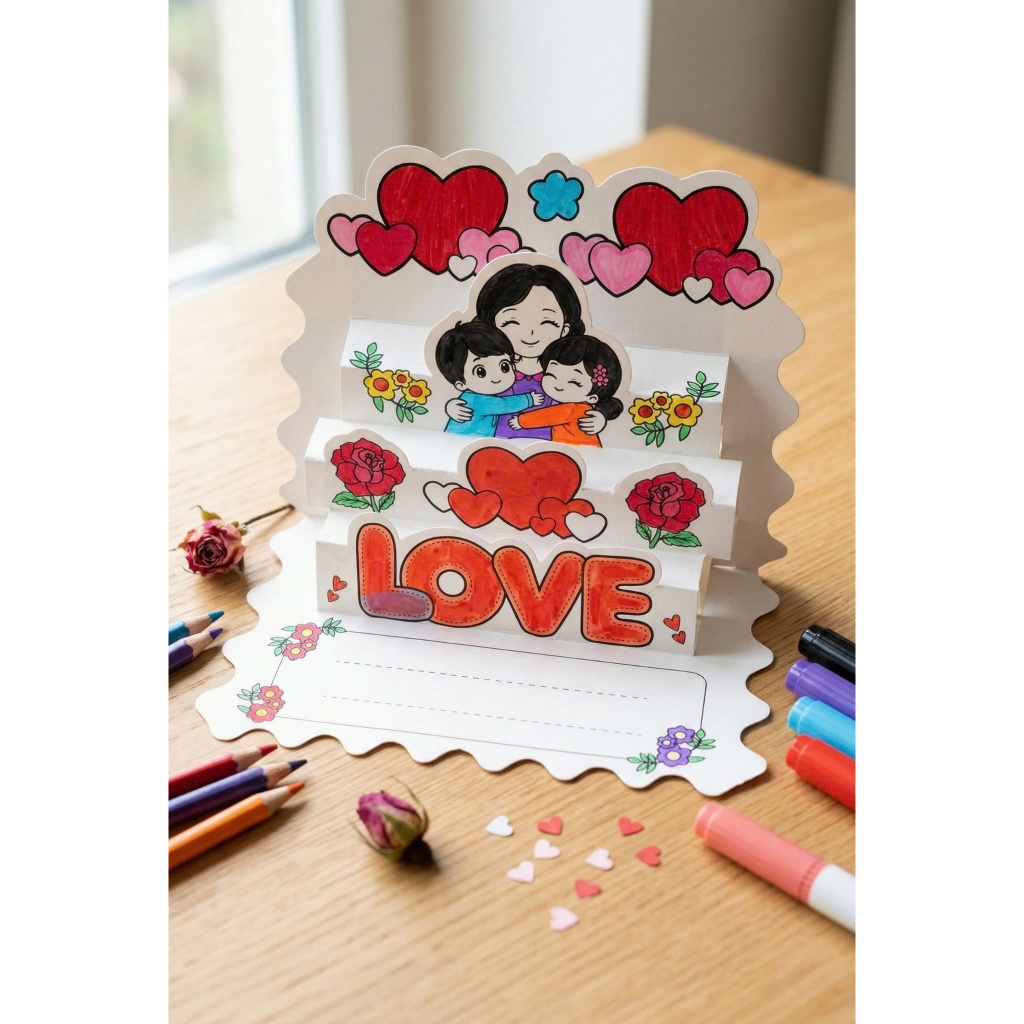 Set 10 Thiệp Tô Màu Gấp 3D Cho Bé – Thiệp LOVE Handmade Tặng Mẹ 8/3, 20/10, 20/11 Tặng Cô Giáo,Ngày 
