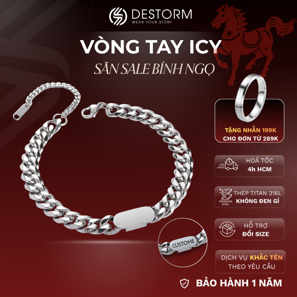 Vòng tay nam/nữ Destorm Icy, Vòng tay đôi - Khắc tên thời trang Unisex Thép không gỉ, Có hộp quà tặng và túi đựng