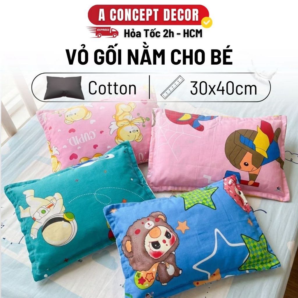 Vỏ Gối Nằm Cho Bé A Concept Decor Họa Tiết Hoạt Hình Đẹp Áo Gối Nằm 100% Cotton Thoáng Mát Mềm An To