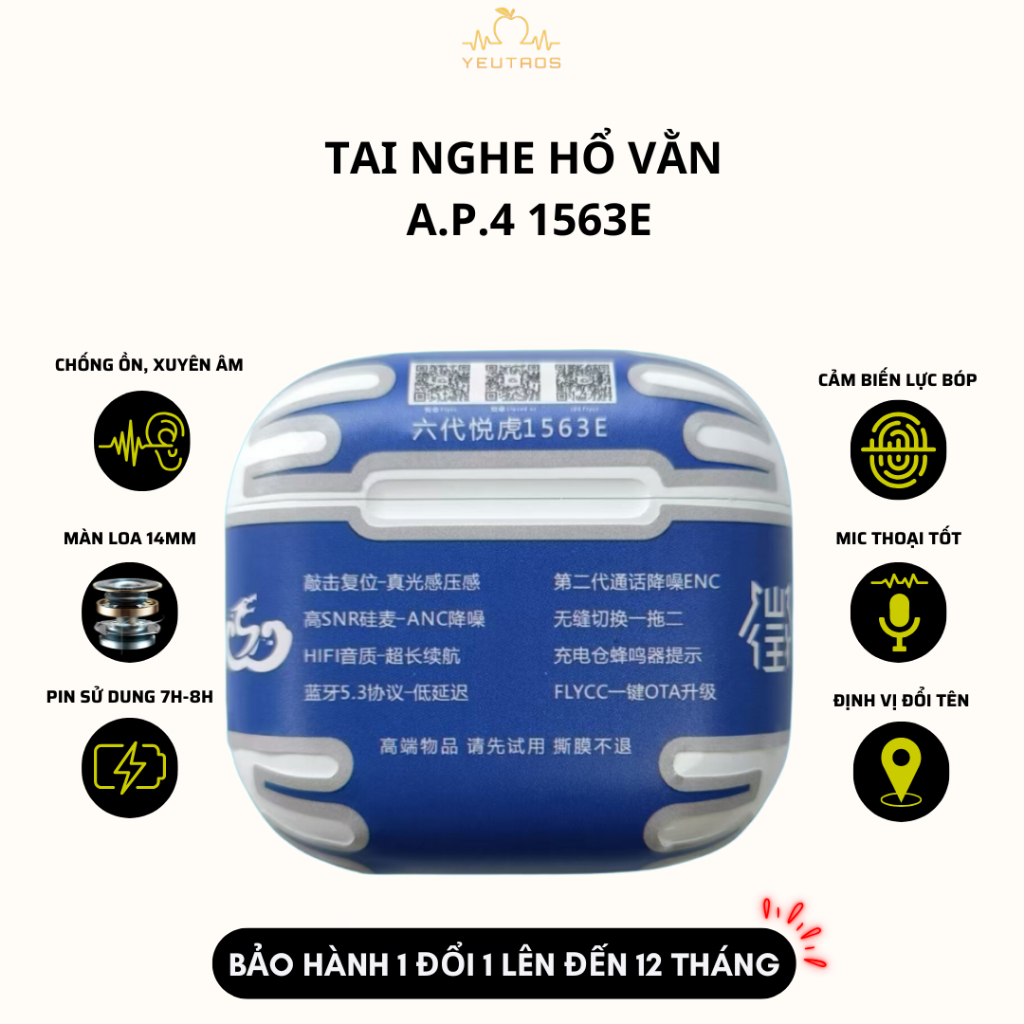 Tai Nghe Bluetooth 1563E Hổ Vằn AP4 – Chip Cao Cấp – Chống Ồn ANC – Pin 6–8H – Sạc Không Dây