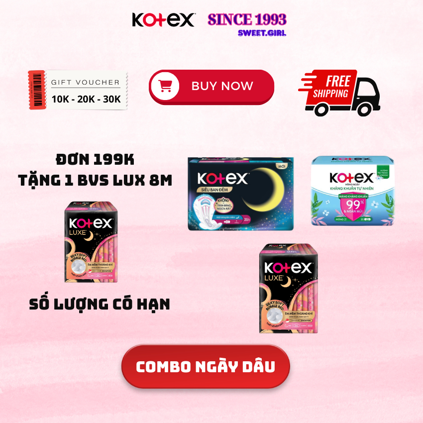 Combo ngày dâu KOTEX BVS Moon 8 Miếng + kháng khuẩn hàng ngày 40 Miếng + Lux mặt bông 8 Miếng