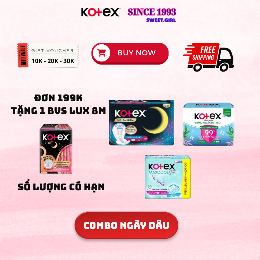 Combo ngày dâu KOTEX BVS Moon 8 Miếng + kháng khuẩn hàng ngày 40 Miếng + Maxcool 20 Miếng
