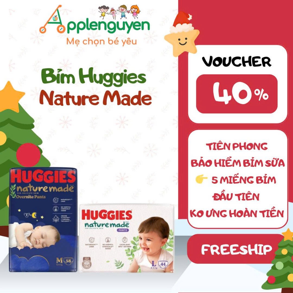 Tã Bỉm Dán/Quần Huggies Nature Made Đủ Size Nb60/S82/M64/L54/M58/L44/XL38/XXL26 | Applenguyen94