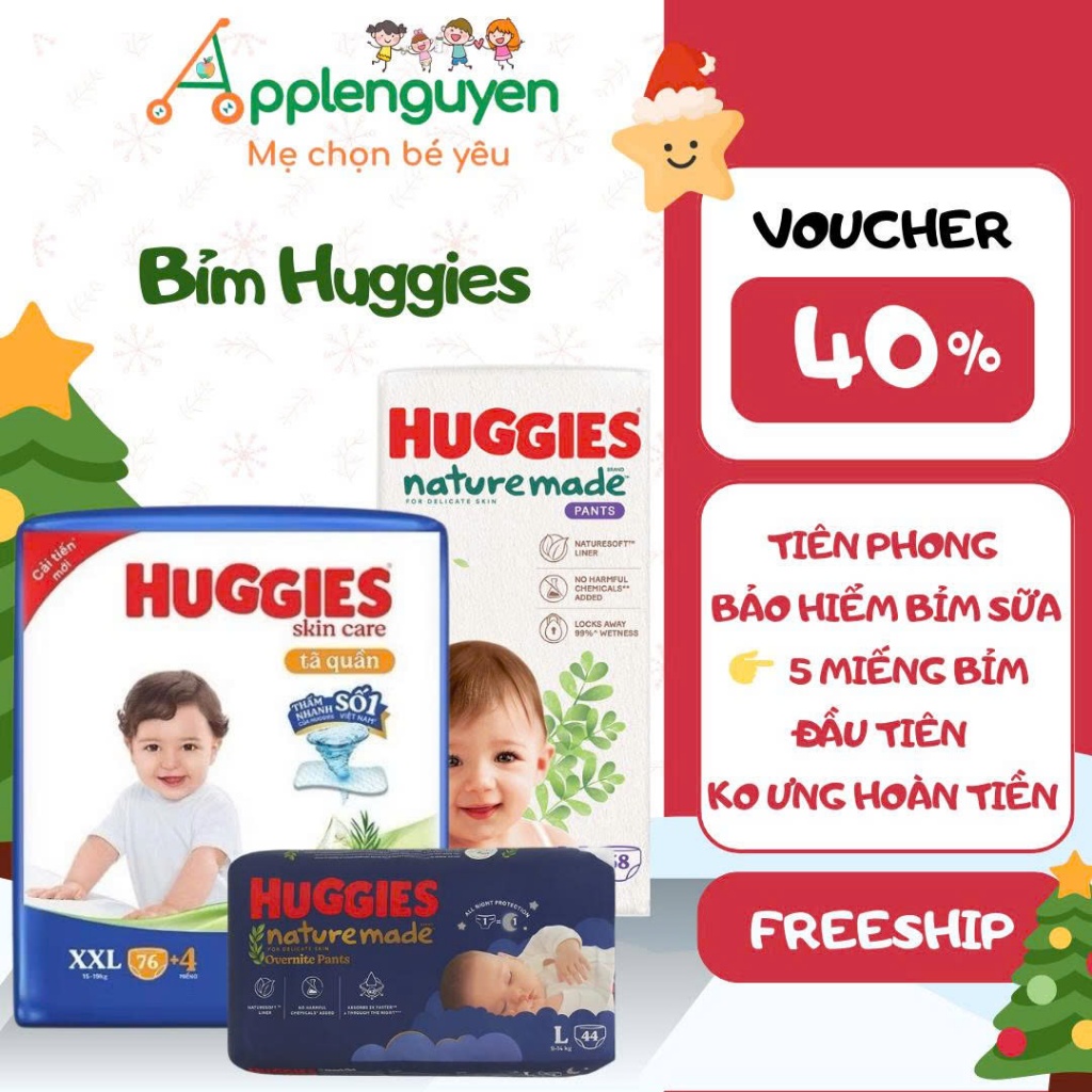 Tã Bỉm Quần Huggies Skin Care Tràm Trà Tự Nhiên Size NB60/S82/M64/L44/XL38/XXL26 | Applenguyen