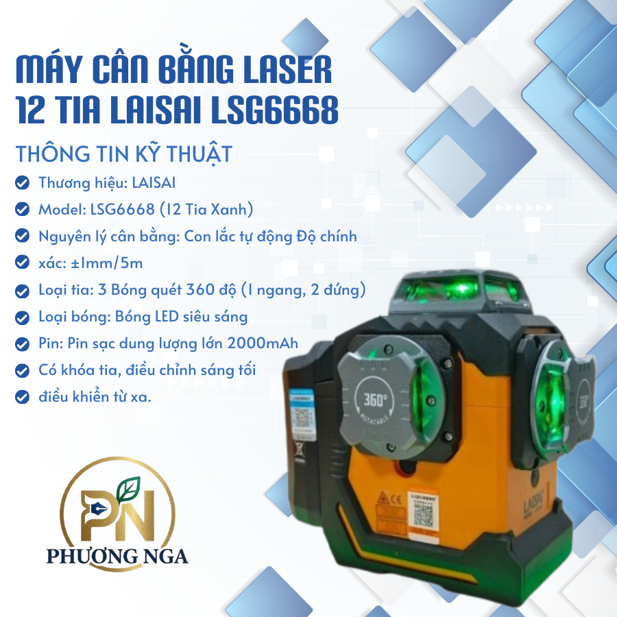 Máy Cân Bằng Laser 12 Tia Xanh LAISAI LSG6668 - Phiên Bản 2024, Kính Xoay 360 Độ, Điều Khiển Từ Xa