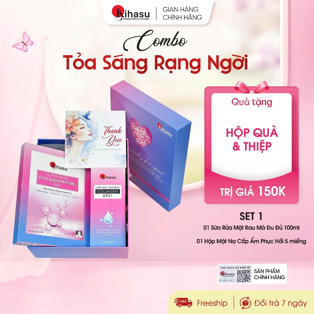 Set Quà Tặng Tỏa Sáng Rạng Ngời Kihasu Collagen 6in1 Quà Tặng Cô Giáo, Mẹ, Bạn Gái, 20/11, Sinh Nhật