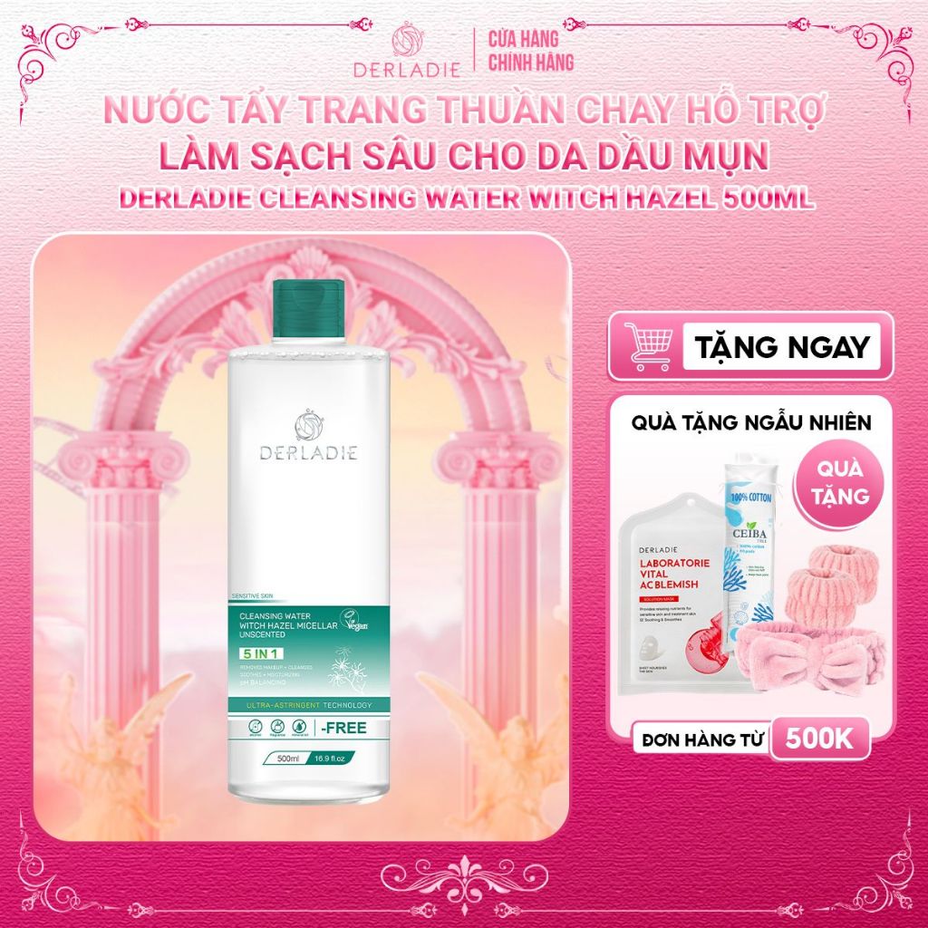 Nước Tẩy Trang Thuần Chay Làm Sạch Sâu Cho Da Dầu Mụn Derladie Cleansing Water Witch Hazel 500ml