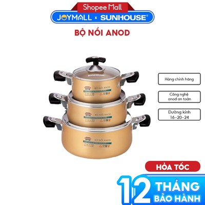 Bộ Nồi Anod Sunhouse SH6634, Hàng Chính Hãng, Gồm 3 Size 16-20-24 , Chống Dính – JoyMall