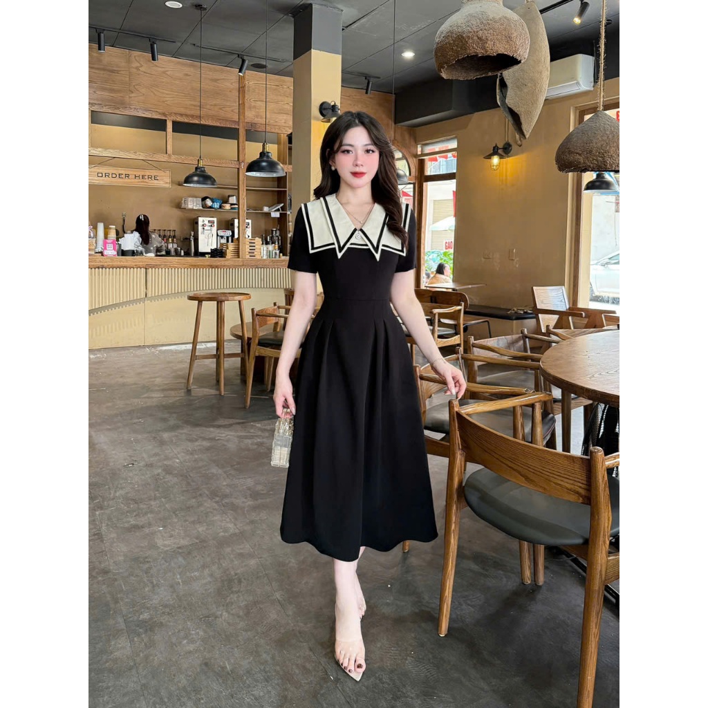 2VK233 - Váy Thiết Kế Eviici , cổ cách điệu phối viền, dáng A xòe dài