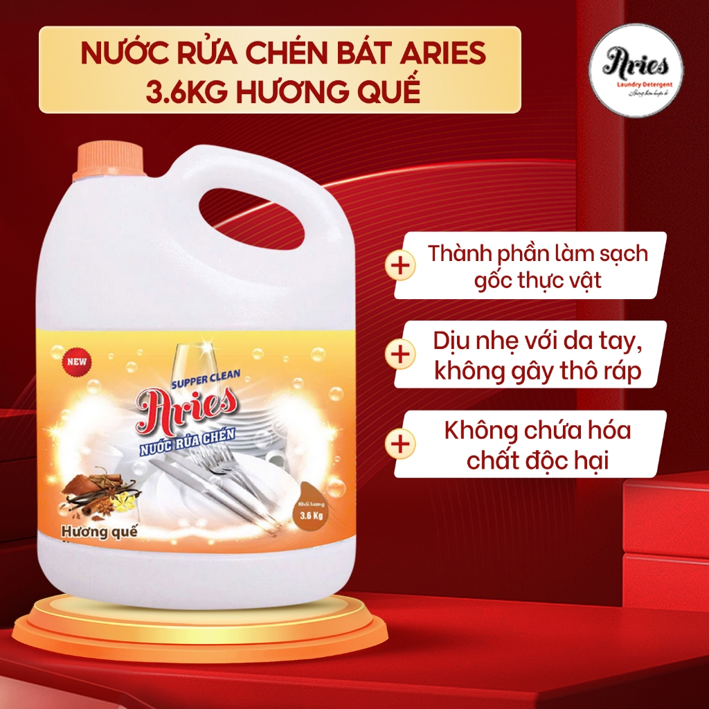 Nước Rửa Chén Bát Aries 3.6KG Hương Quế Đánh Bay Dầu Mỡ Nhanh Chóng An Toàn | Xương Nhà Aries