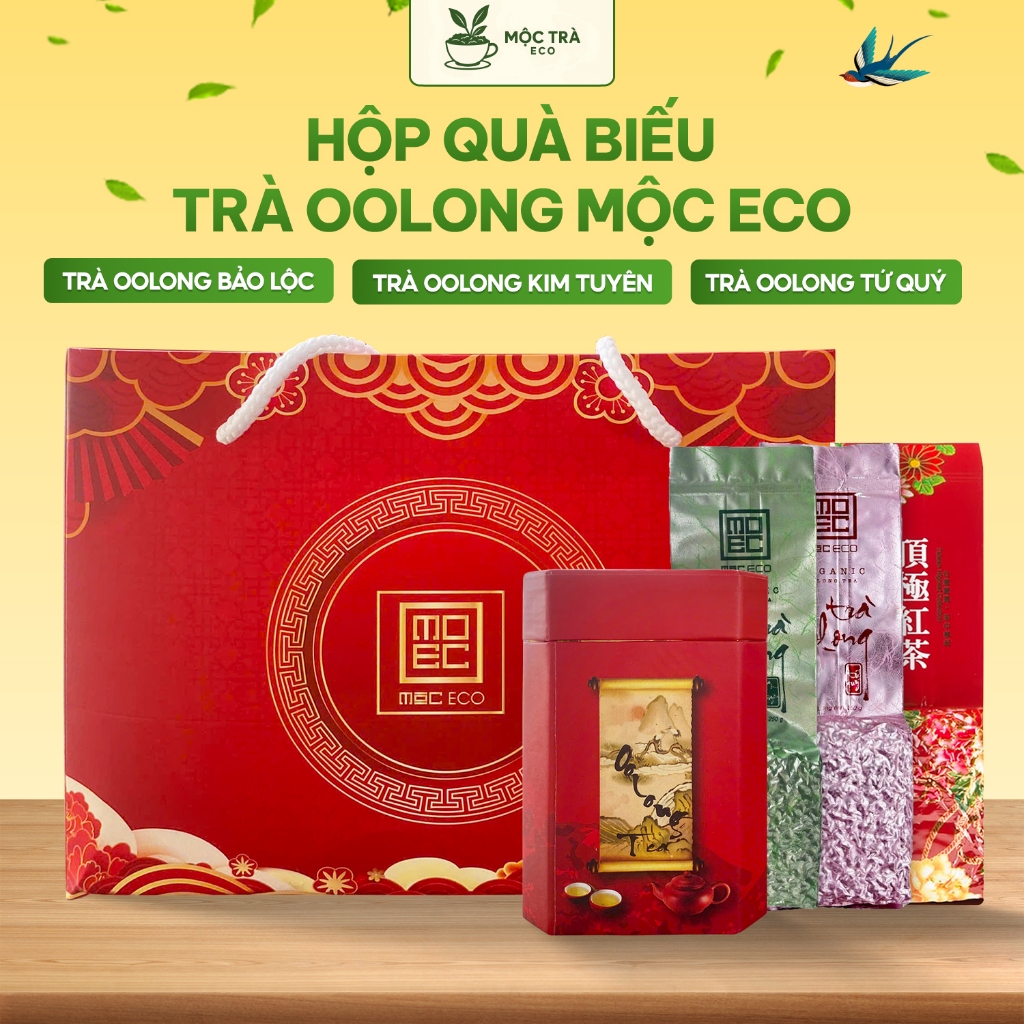 Hộp Quà Biếu Tặng Trà Oolong Mộc Eco 250g – Oolong Bảo Lộc, Kim Tuyên, Tứ Quý, Quà Biếu Sang Trọng