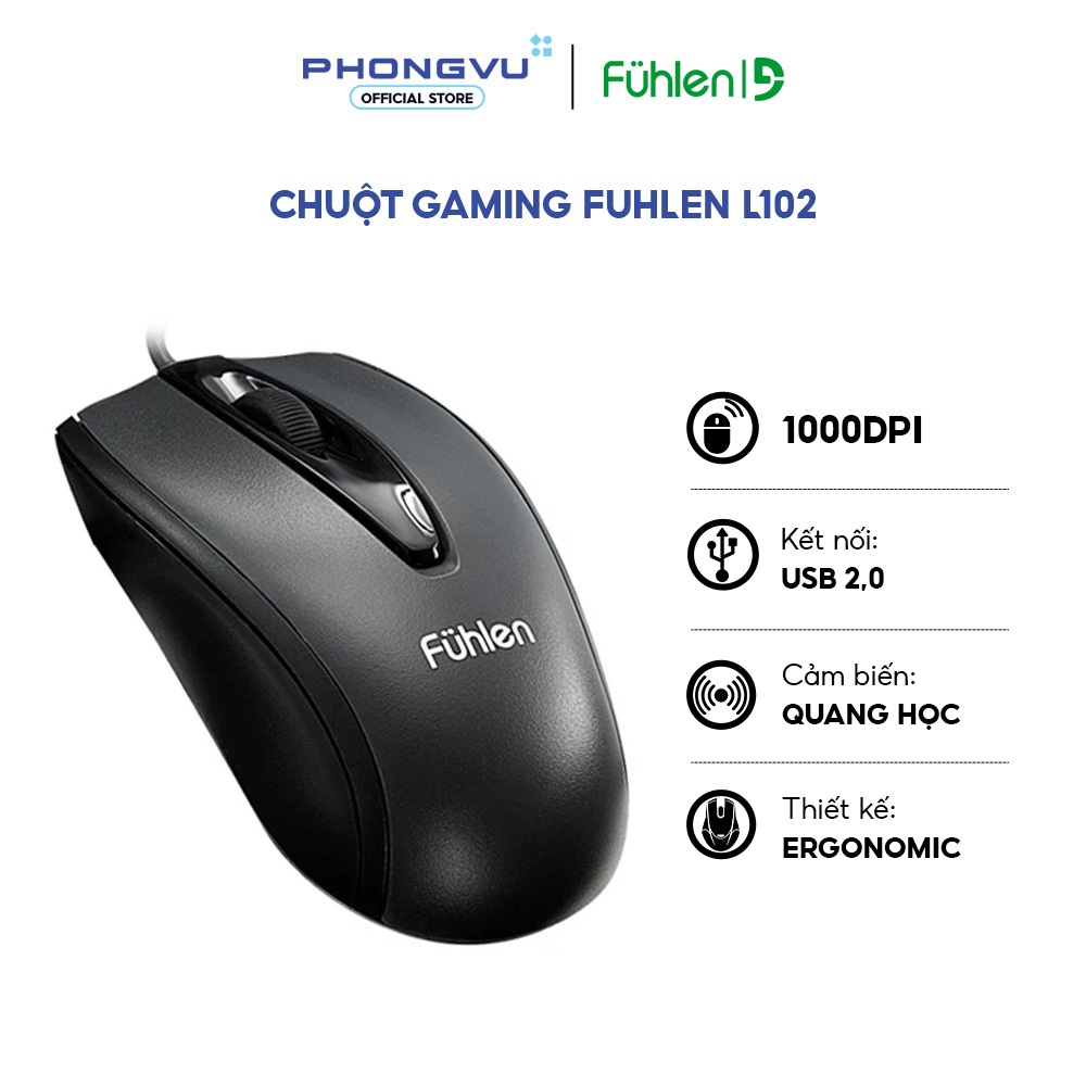 Chuột Gaming Fuhlen L102 - 1000 DPI - Cảm biến Quang học - Thiết kế Ergonomic - Bảo hành 24 tháng