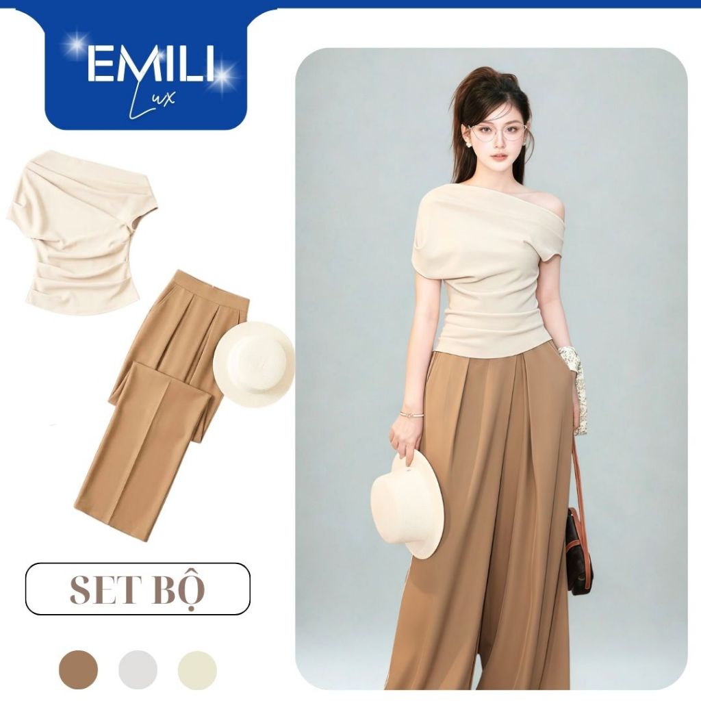 Set áo lệch vai Emili Lux bộ áo trễ vai chiết ly eo và quần ống rộng sang chảnh đi làm đi chơi B184
