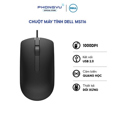 Chuột máy tính Dell MS116 - Chuột Quang USB 1000 DPI Nhạy, Bền Bỉ, Thiết Kế Công Thái Học -  Bảo hành 12 tháng
