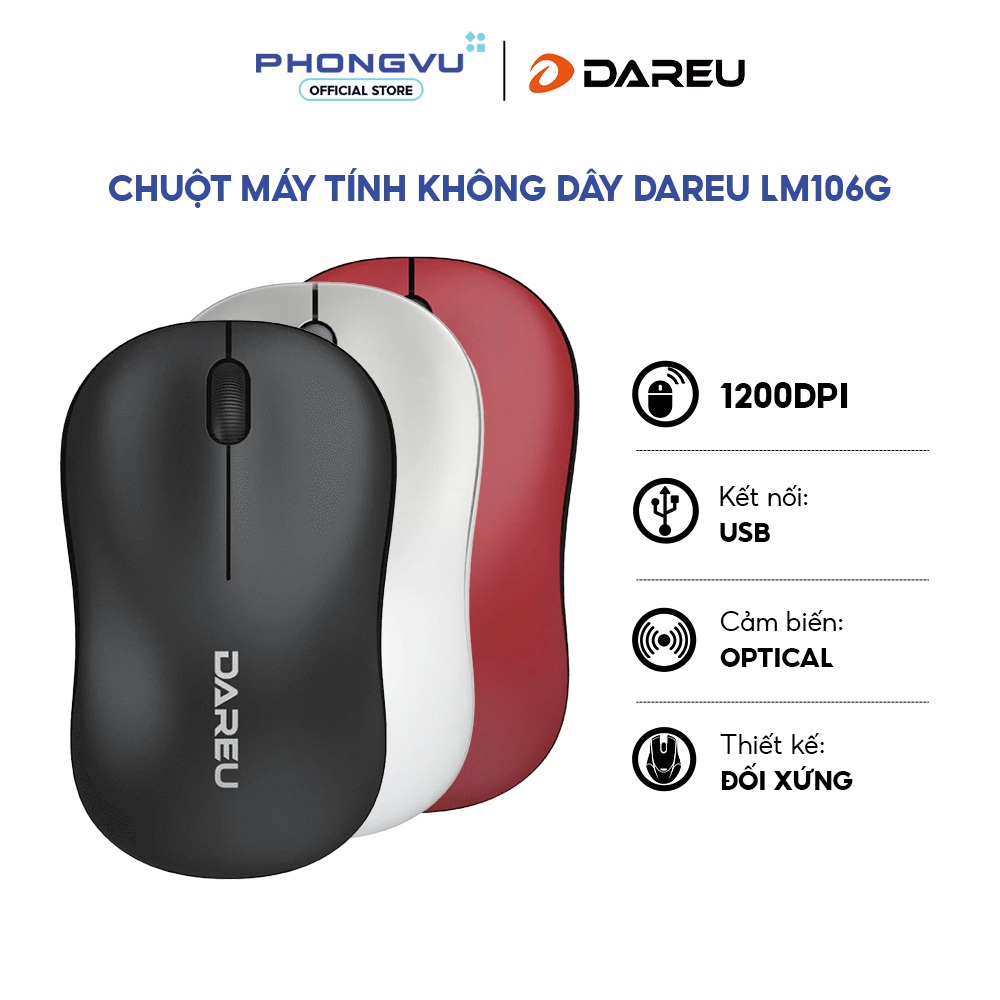 Chuột không dây DAREU LM106G - 1200 DPI - Kết nối 2.4GHz - Thiết kế đối xứng - Bảo hành 12 tháng