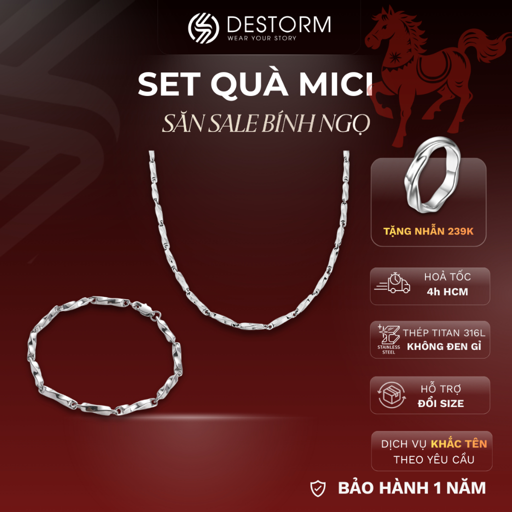SET VÒNG TAY + DÂY CHUYỀN MICI TẶNG NHẪN DESTORM, Vòng tay đôi - Phụ kiện thời trang Unisex Thép không gỉ, Có hộp quà tặ