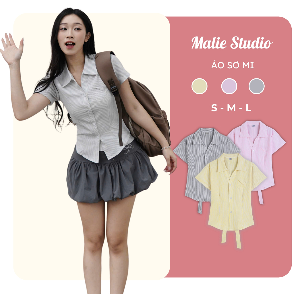 Áo Sơ Mi Nữ Chiết Eo Tay Ngắn Có Túi Ngực Phong Cách Trẻ Trung Hàn Quốc Malie Studio SM028