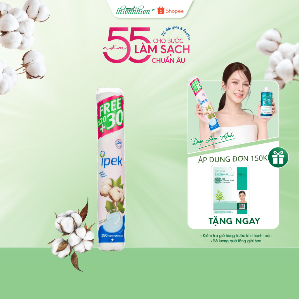 Bông tẩy trang Ipek 150 miếng 100% bông cotton hữu cơ, mềm mịn không xơ