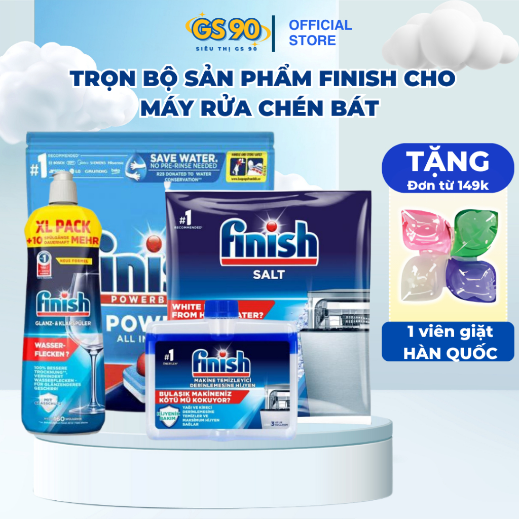 Bộ Sản Phẩm Finish Muối Rửa Bát, Nước Làm Bóng, Viên Rửa Và Dung Dịch Vệ Sinh Máy Nhập Khẩu Đức