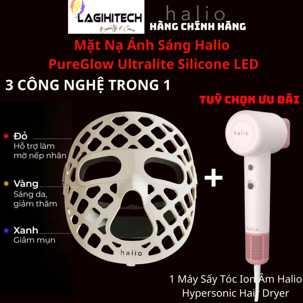 Mặt Nạ Ánh Sáng Halio PureGlow Ultralite Silicone LED Face Mask (Bảo Hành 12 Tháng) - Hàng Chính Hãn