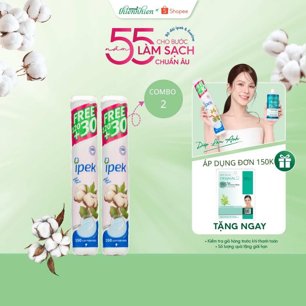 Combo 2 Bông Tẩy Trang Ipek 150 miếng mềm mịn an toàn cho da, không để lại xơ bông