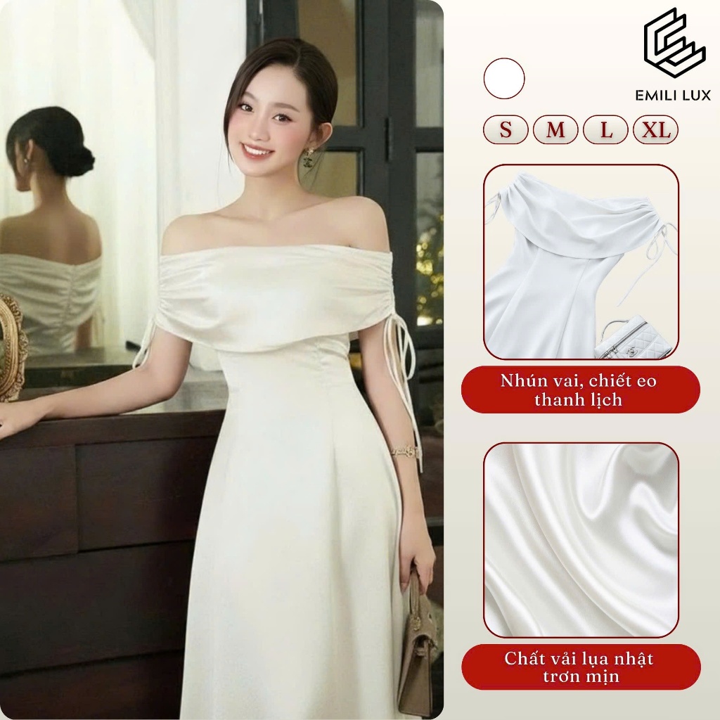 Đầm lụa dài lệch vai nhún tay chiết eo tôn dáng Emili Design đi tiệc thanh lịch, sang trọng [V553]