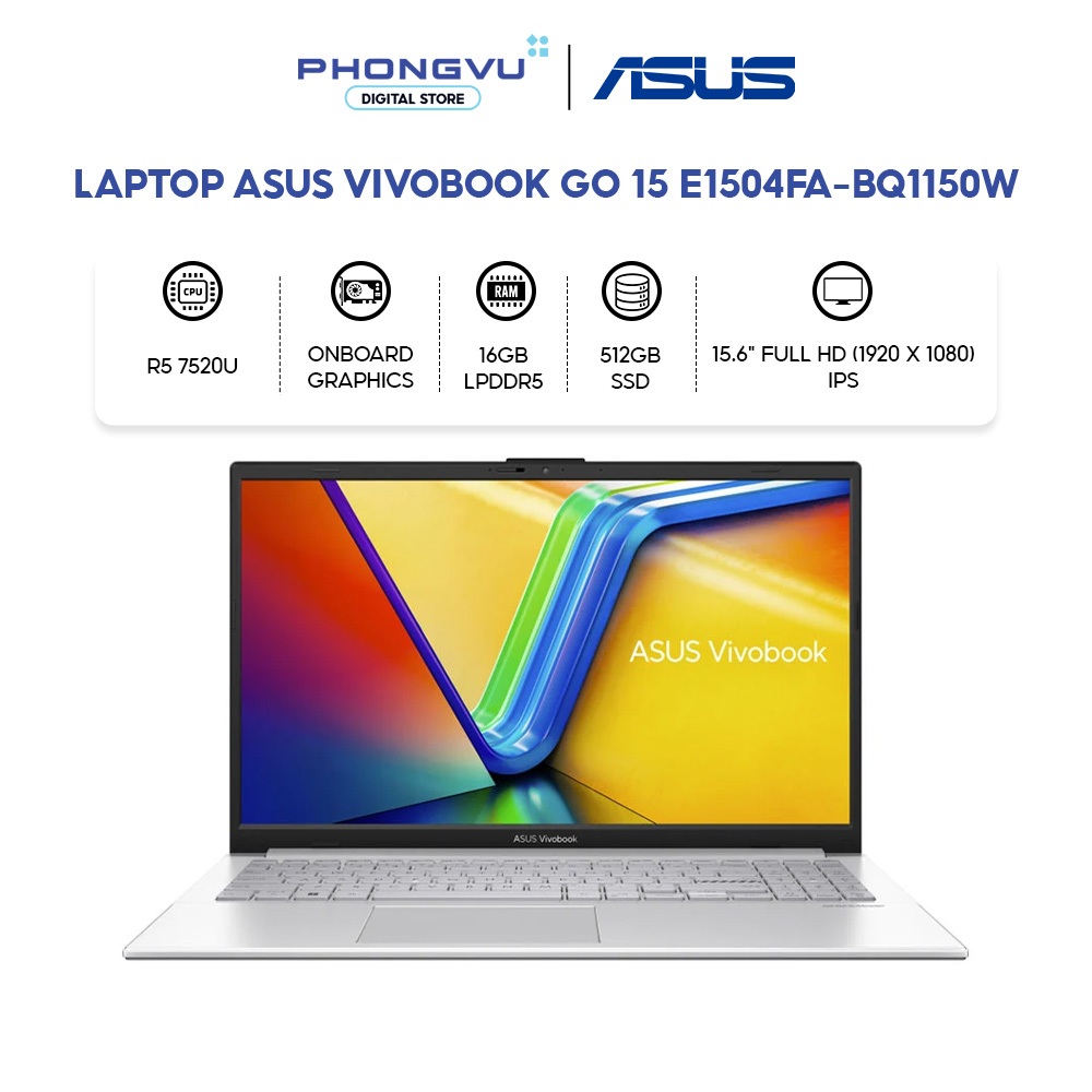 Máy tính xách tay/ Laptop Asus Vivobook Go 15 E1504FA-BQ1150W (AMD Ryzen 5-7520U) (Bạc) - Bảo hành 2