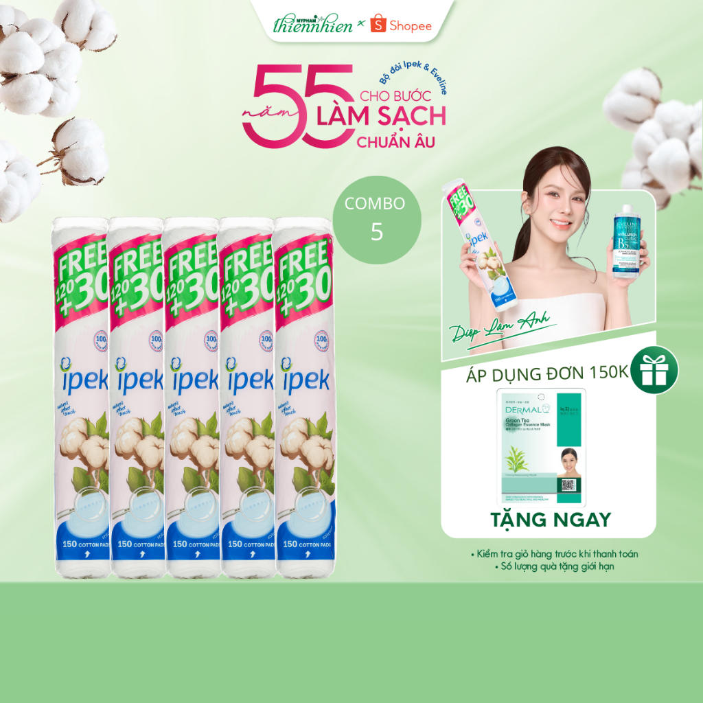 Combo 5 gói bông tẩy trang Ipek 650Gr siêu mềm mịn, không xơ 150 miếng thành phần cotton, thấm hút an toàn cho da