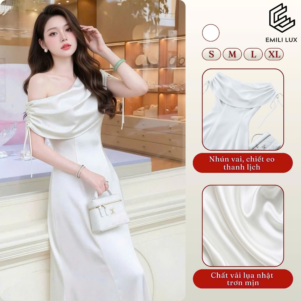 Đầm lụa lệch vai nhún tay dáng dài Emili Design chiết eo tôn dáng đi tiệc thanh lịch [V553]