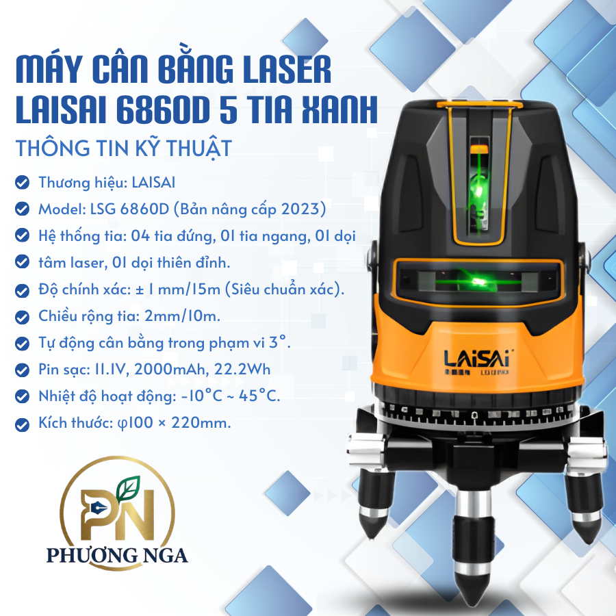 Máy Cân Bằng Laser 5 Tia Xanh LAISAI LSG 6860D - Bản Nâng Cấp 2023, LED LD Siêu Sáng, Pin Dùng 14H