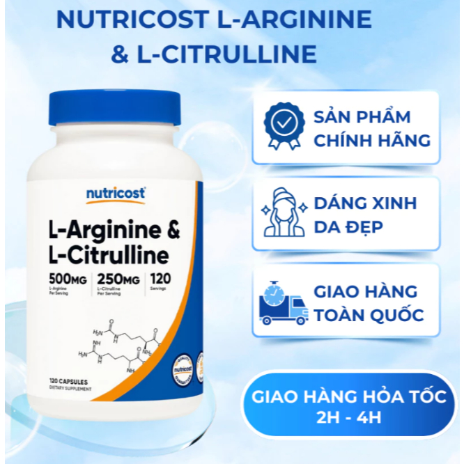 Nutricost L-Arginine & L-Citrulline - Viên uống hỗ trợ tập luyện, giảm mệt mỏi, đau nhức cơ bắp