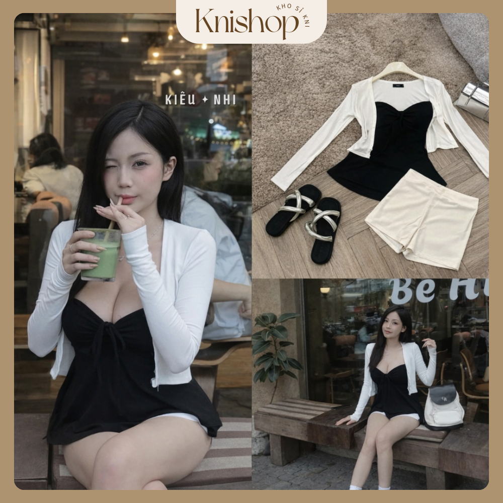 Set bộ nữ 3 món áo cúp ngực thun dây rút phối áo khoác ngoài kèm quần đùi poli tôn dáng sexy – Kho sỉ KNI