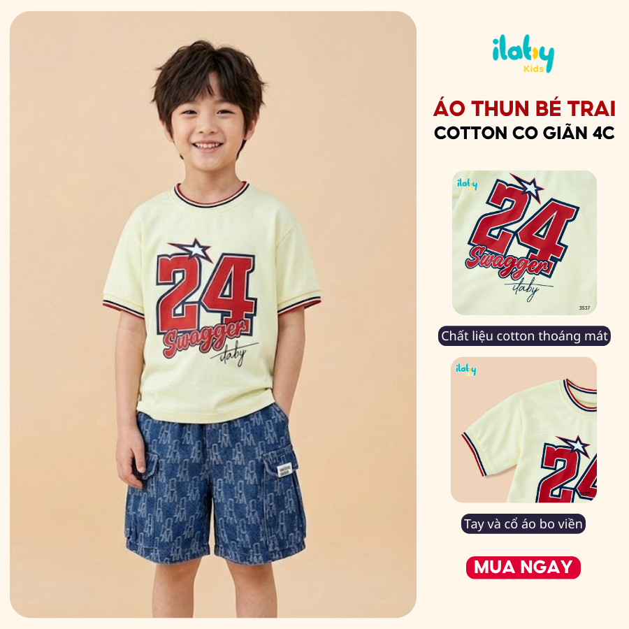 Áo thun bé trai ILABY áo phông bé trai chất liệu cotton co giãn 4 chiều co giãn size từ 9-40kg [3537