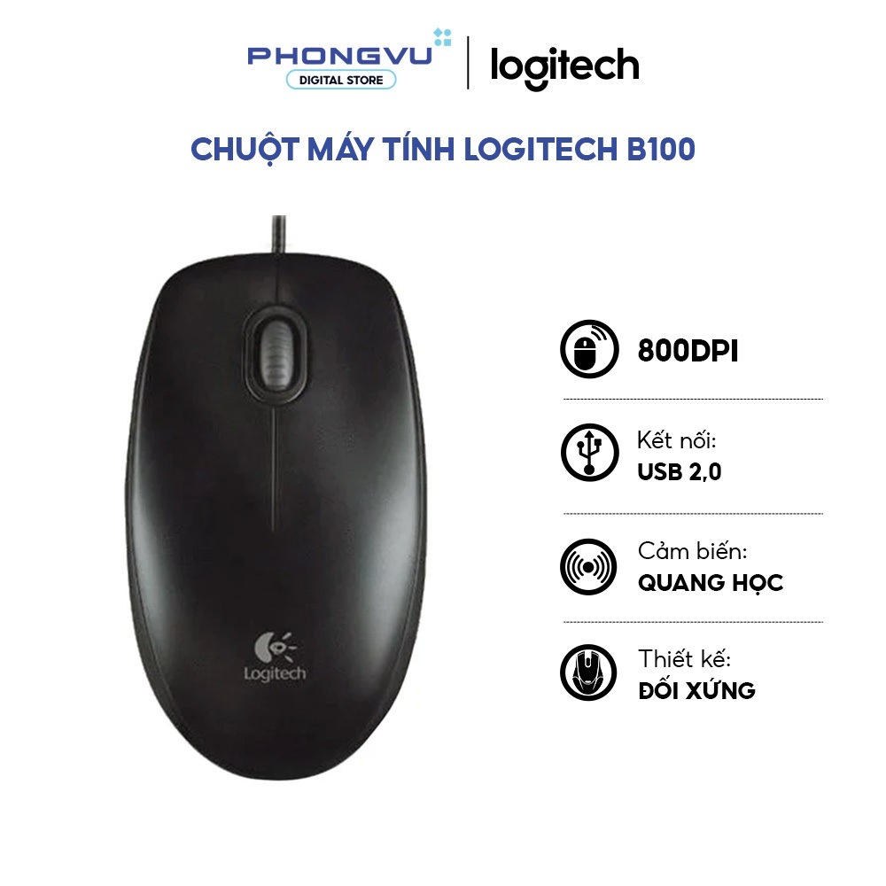 Chuột máy tính Logitech B100 (Đen) - Có dây USB - Cảm biến Quang học 800DPI - Bảo hành 36 tháng