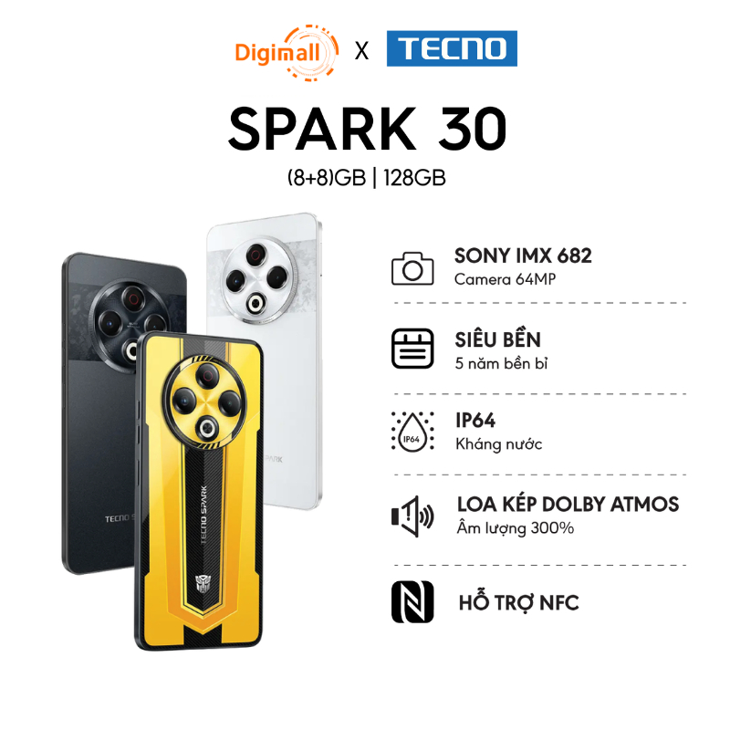 Điện thoại TECNO SPARK 30 (8+8)GB/128GB Siêu bền Loa kép 300% Camera 64MP NFC Thiết Kế Transformers