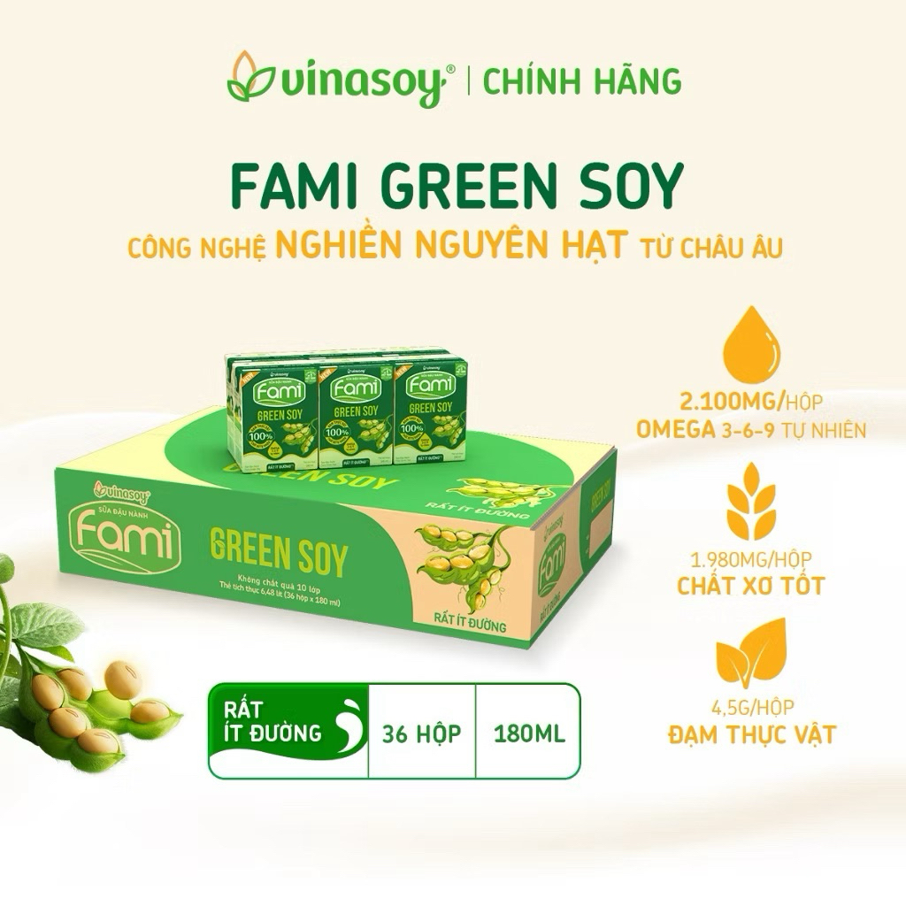 Thùng sữa đậu nành Fami Green Soy rất ít đường (36 hộp x 180ml)