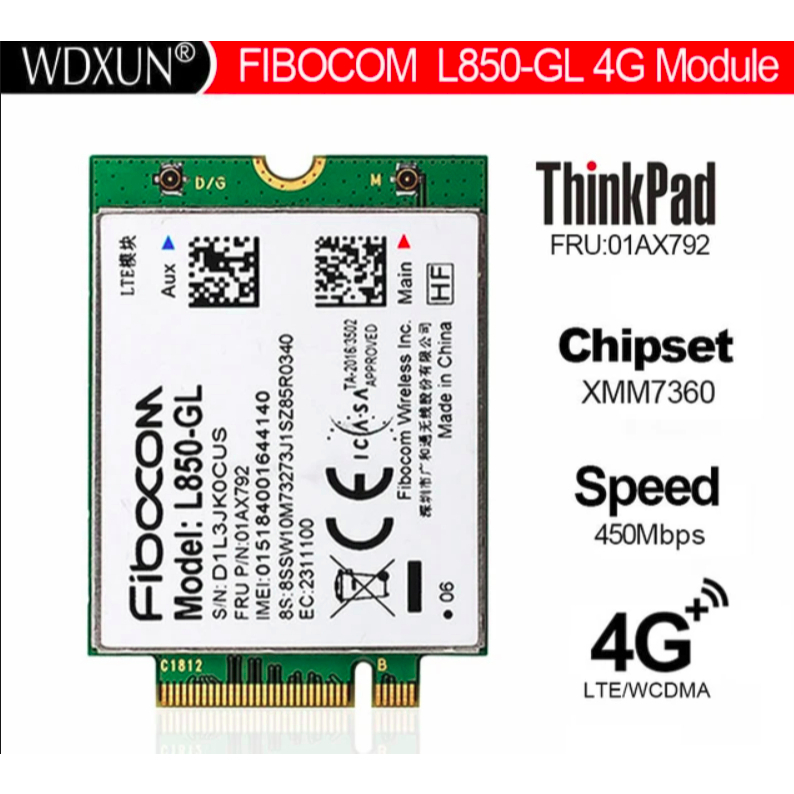 Card mạng 4G Wwan FIBOCOM L850-GL cho Thinkpad, HP, Openwrt, PCIE Key B