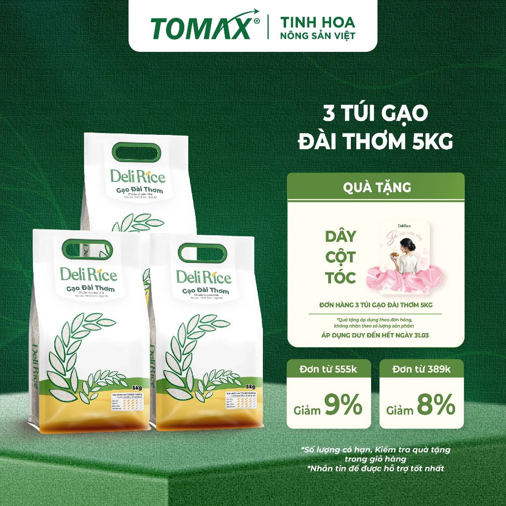 Combo 3 Túi Gạo Đài Thơm Deli Rice 5kg Dẻo Mềm, Thơm Ngon Tự Nhiên – TOMAX