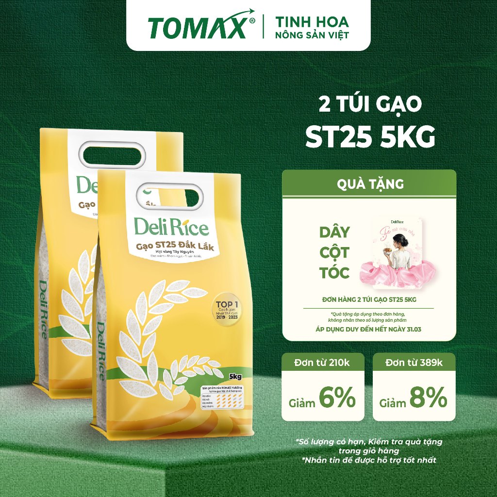 Combo 2 Túi Gạo ST25 Deli Rice 5kg Thượng Hạng, Dẻo Thơm Tự Nhiên, Vị Ngon Hòa Quyện - TOMAX