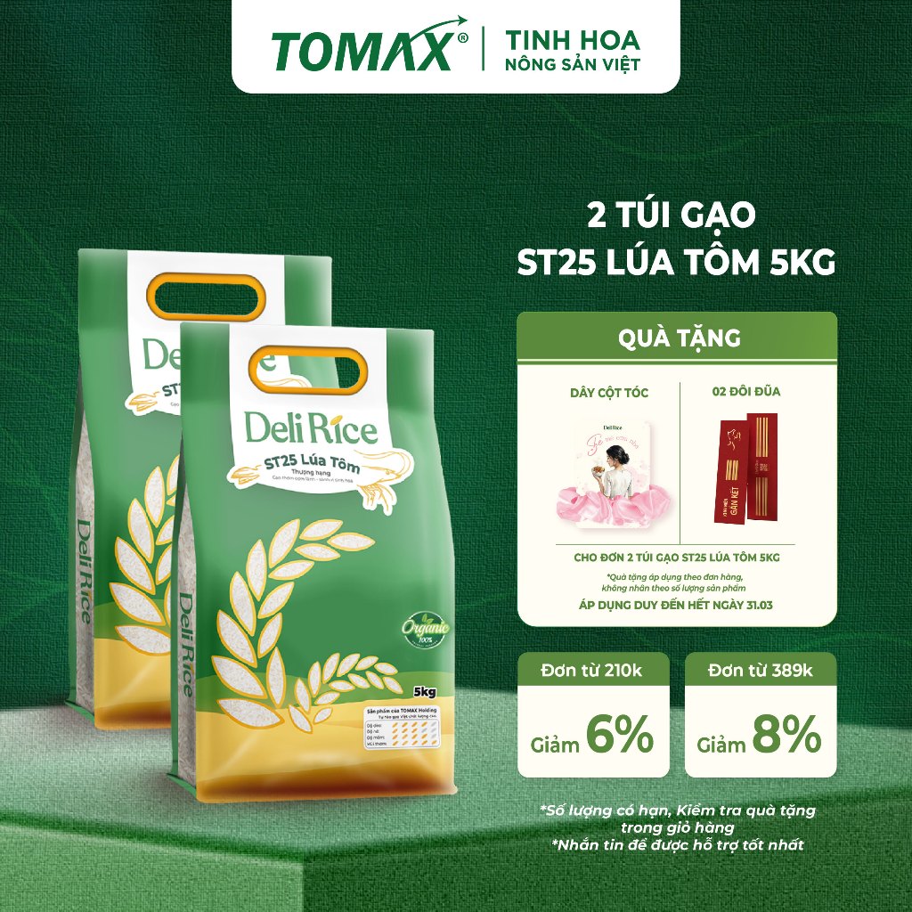Combo 2 Túi Gạo Lúa Tôm Hữu Cơ Deli Rice 5kg Cơm Dẻo Ngon, Thơm Ngọt Tự Nhiên, Đậm Vị Dễ Ăn - TOMAX