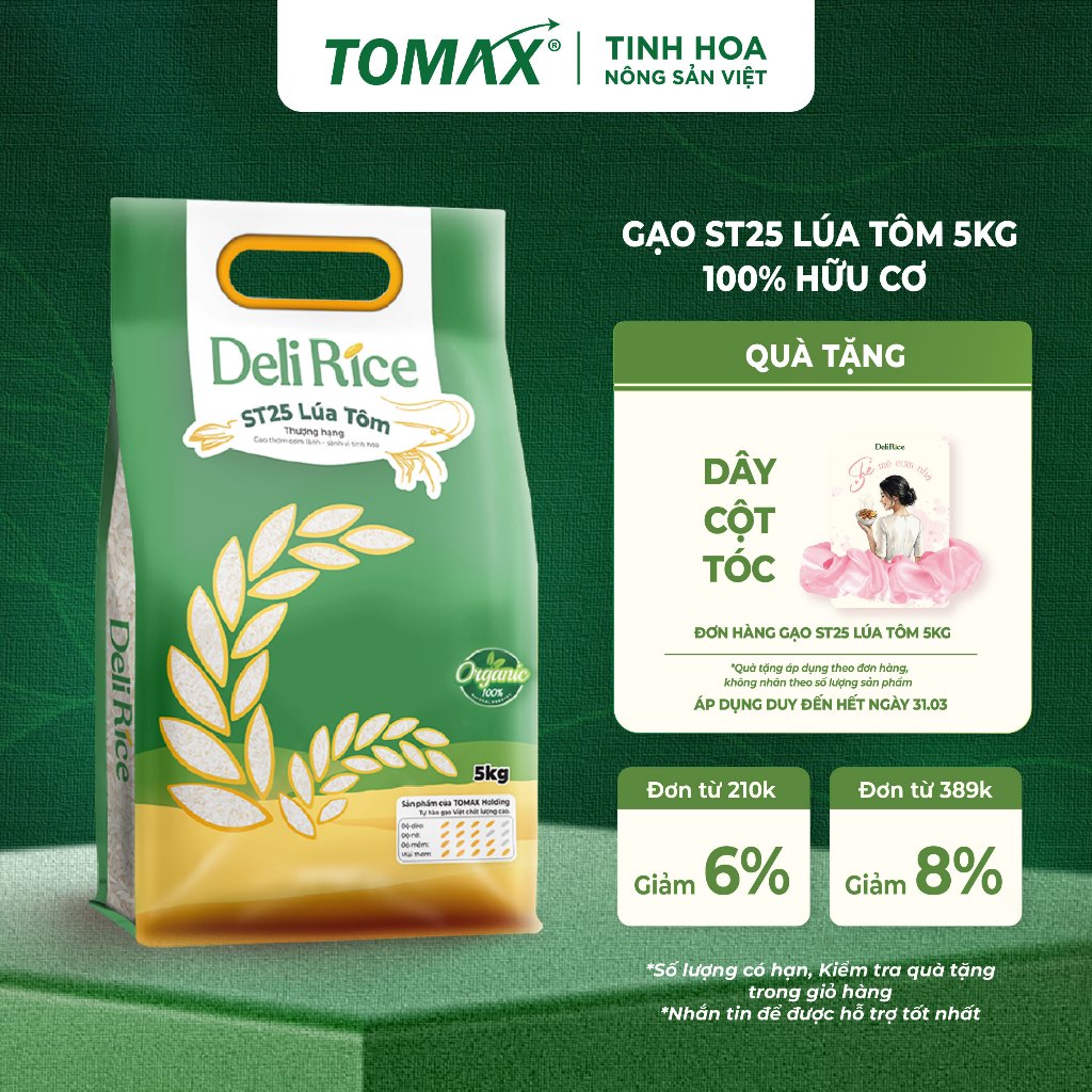 Gạo ST25 Lúa Tôm Hữu Cơ Deli Rice Túi 5kg – Dẻo Ngon Tự Nhiên, Thơm Ngọt Đậm Vị, Không Pha Trộn