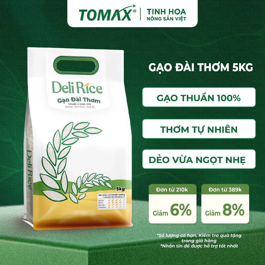 Gạo Đài Thơm Deli Rice Túi 1kg & 5kg Dẻo Mềm, Thơm Ngon Tự Nhiên – TOMAX