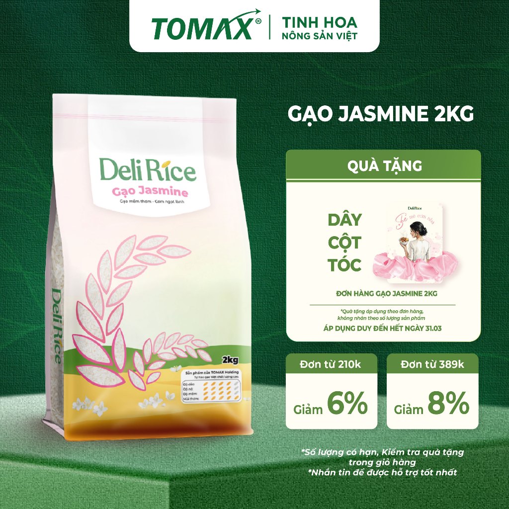 [ĐÃ VỀ HÀNG] Gạo Jasmine Deli Rice 2kg Dẻo Mềm, Tơi Xốp, Ngọt Thơm Tự Nhiên - TOMAX