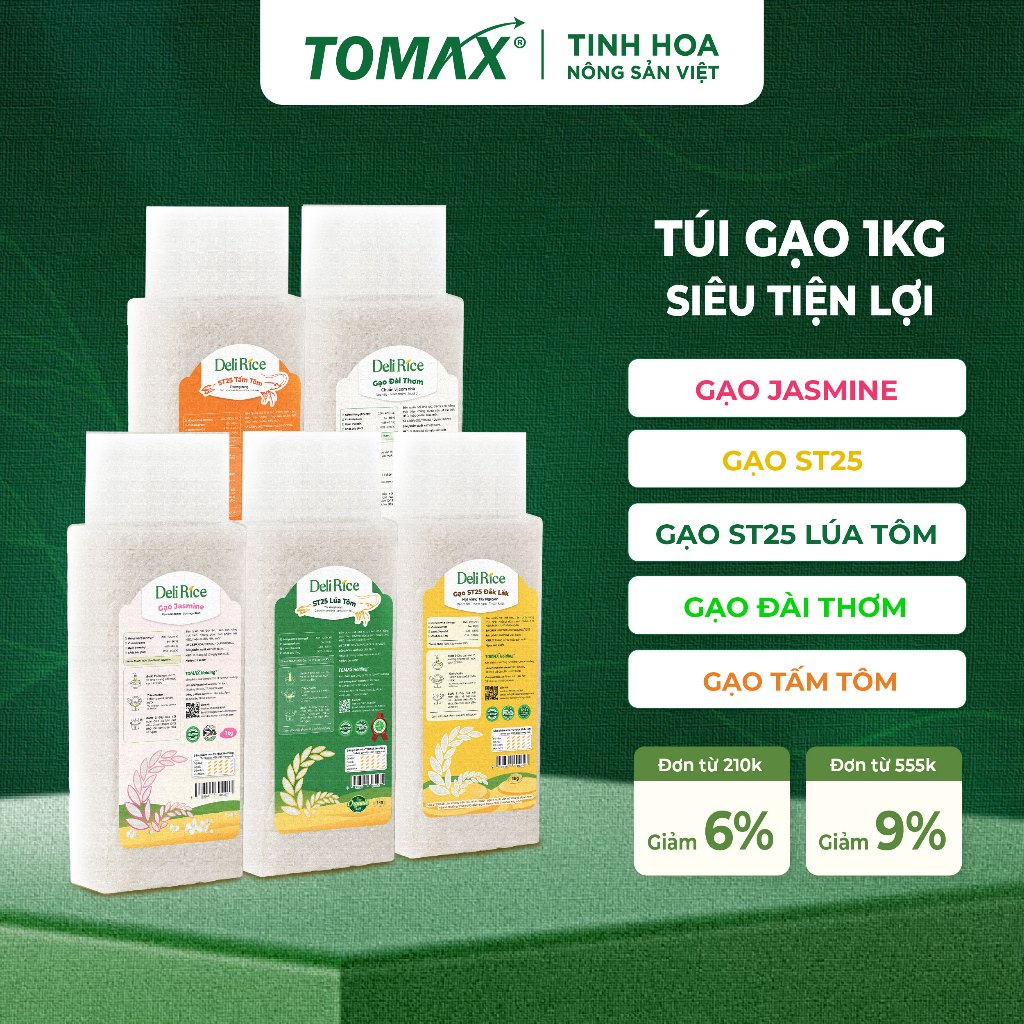 Gạo Deli Rice Túi 1kg Thơm Ngọt Tự Nhiên, Dẻo Vừa Ráo Cơm - TOMAX