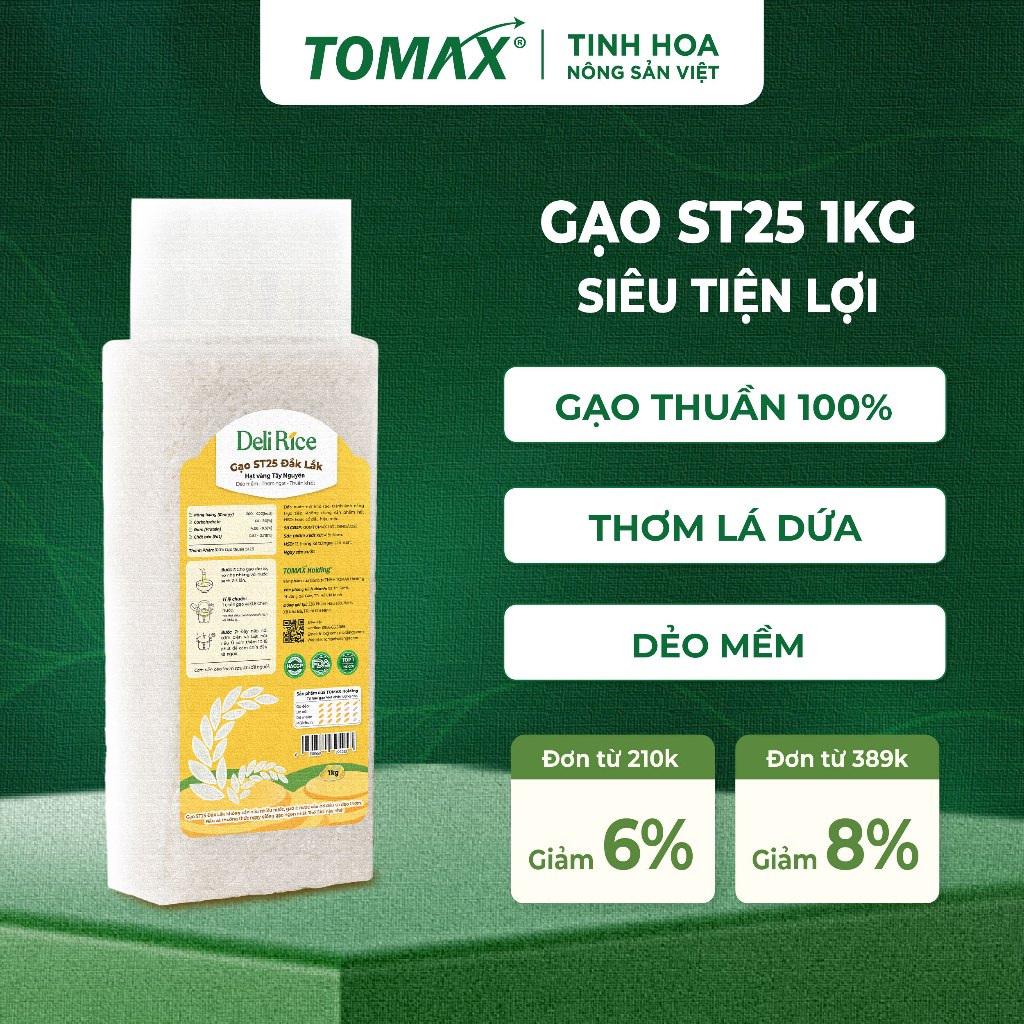 Gạo ST25 Deli Rice 1kg Dẻo Thơm Tự Nhiên, Vị Ngon Hòa Quyện - TOMAX
