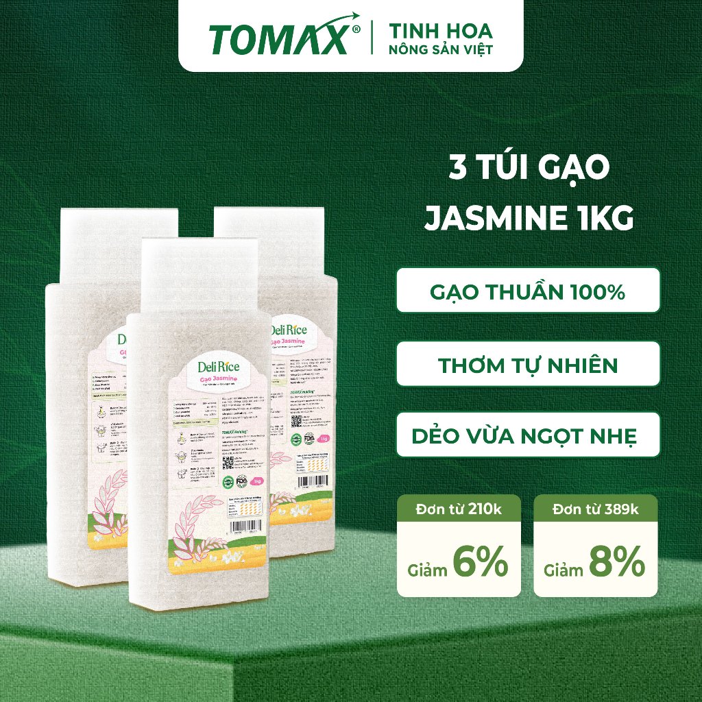 [ĐÃ VỀ HÀNG] Combo 3 túi Gạo Deli Rice Jasmine thơm dẻo mềm 1kg Tomax